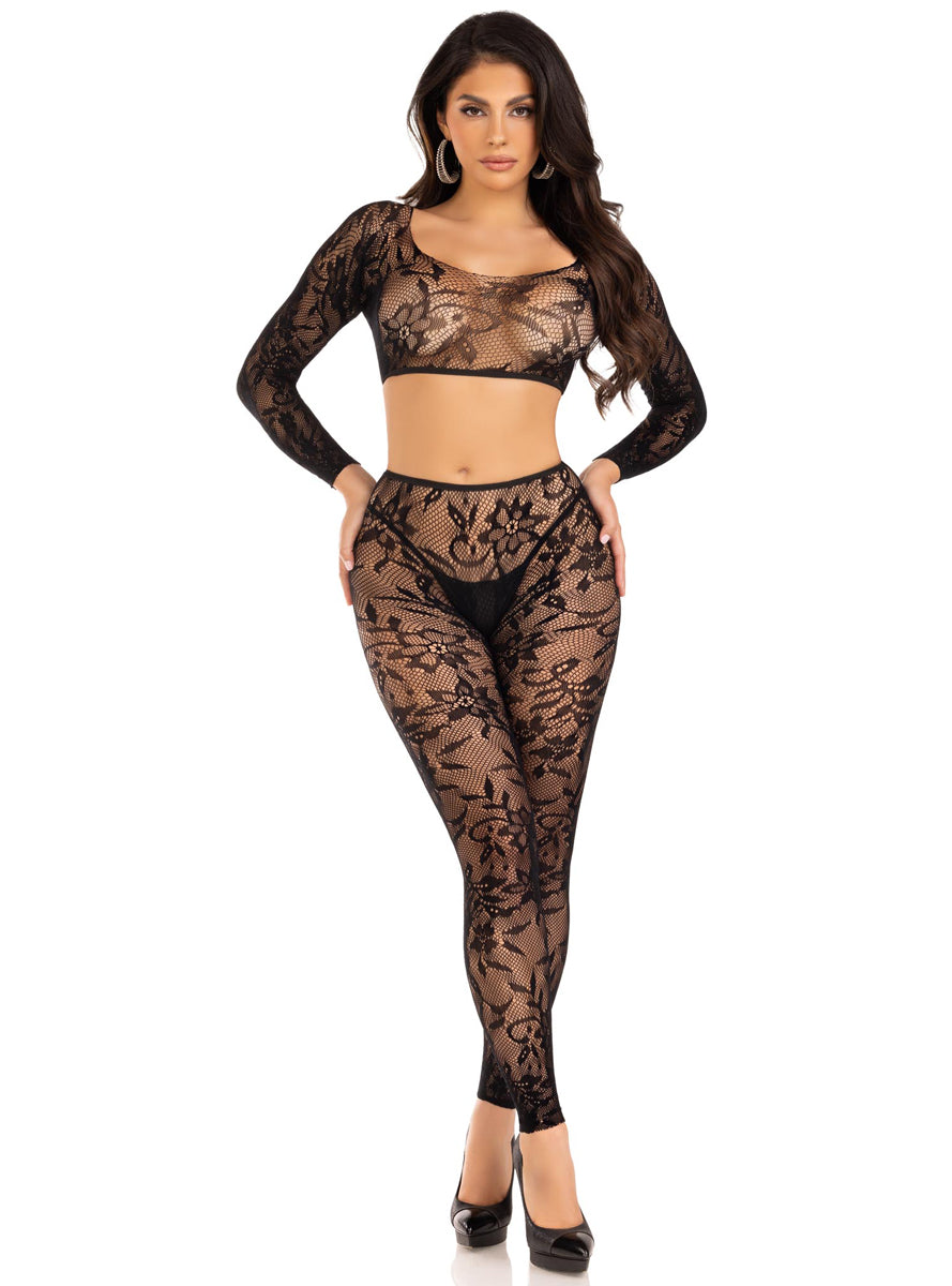 Chantilly Lace Black Crop Top and Leggings Set