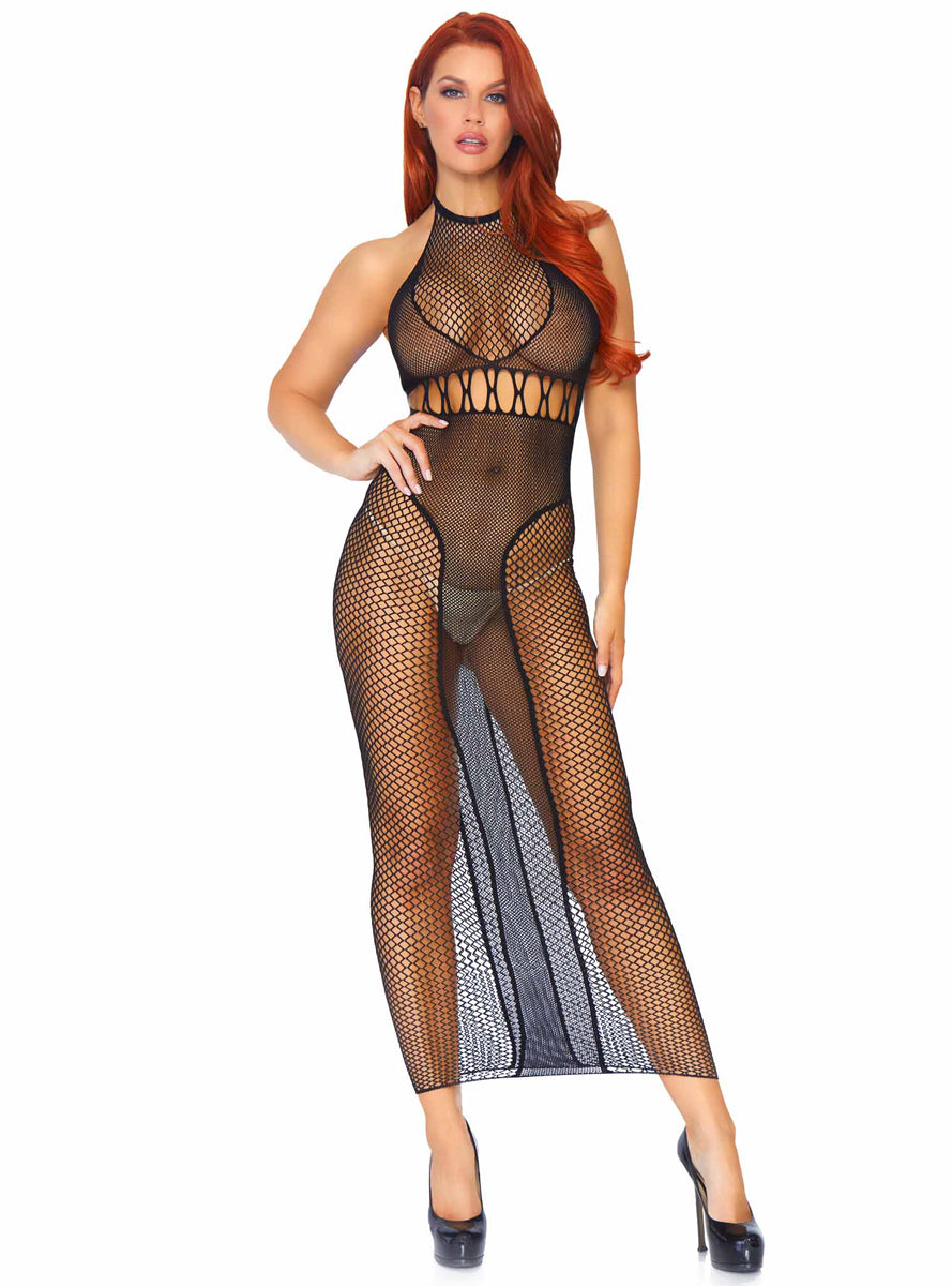 Backless Sexy Black Fishnet Halterneck Dress