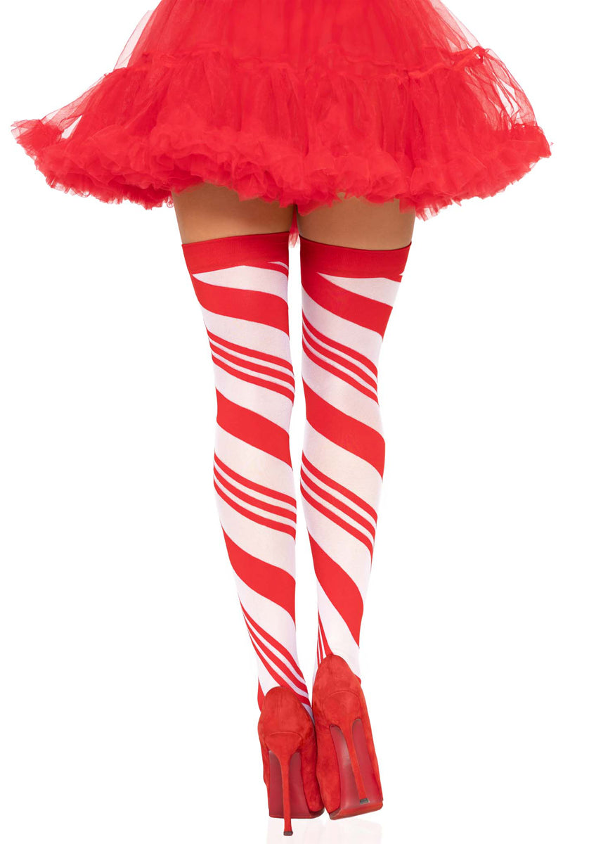 Womens Red And White Striped Candy Cane Christmas Thigh High Stockings Back Image