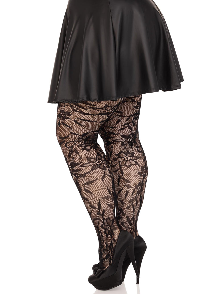 Plus Size Womens Black Chantilly Floral Lace Seamless Tights Side Image