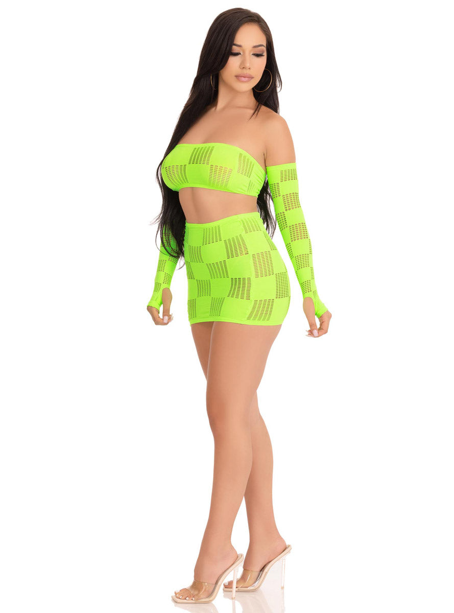 Checkerboard Neon Green Net Bandeau and Mini Skirt Set
