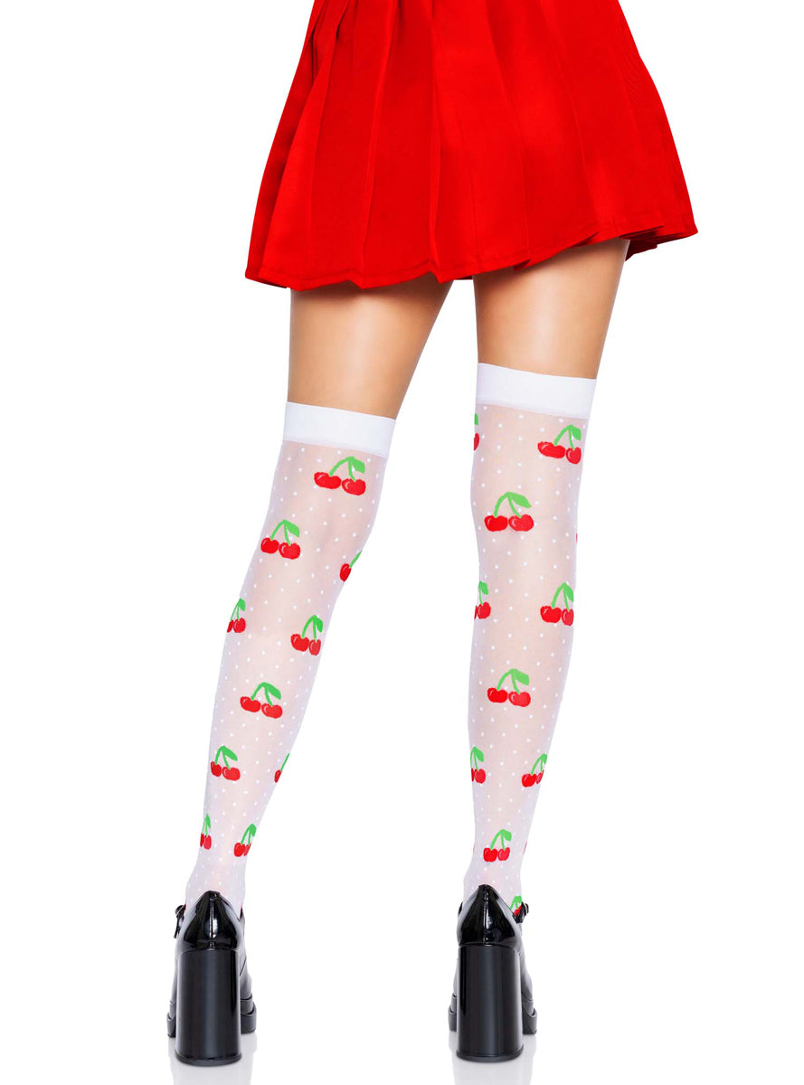 Womens White Sheer Spandex Cherry Pattern Thigh High Stockings Back Image