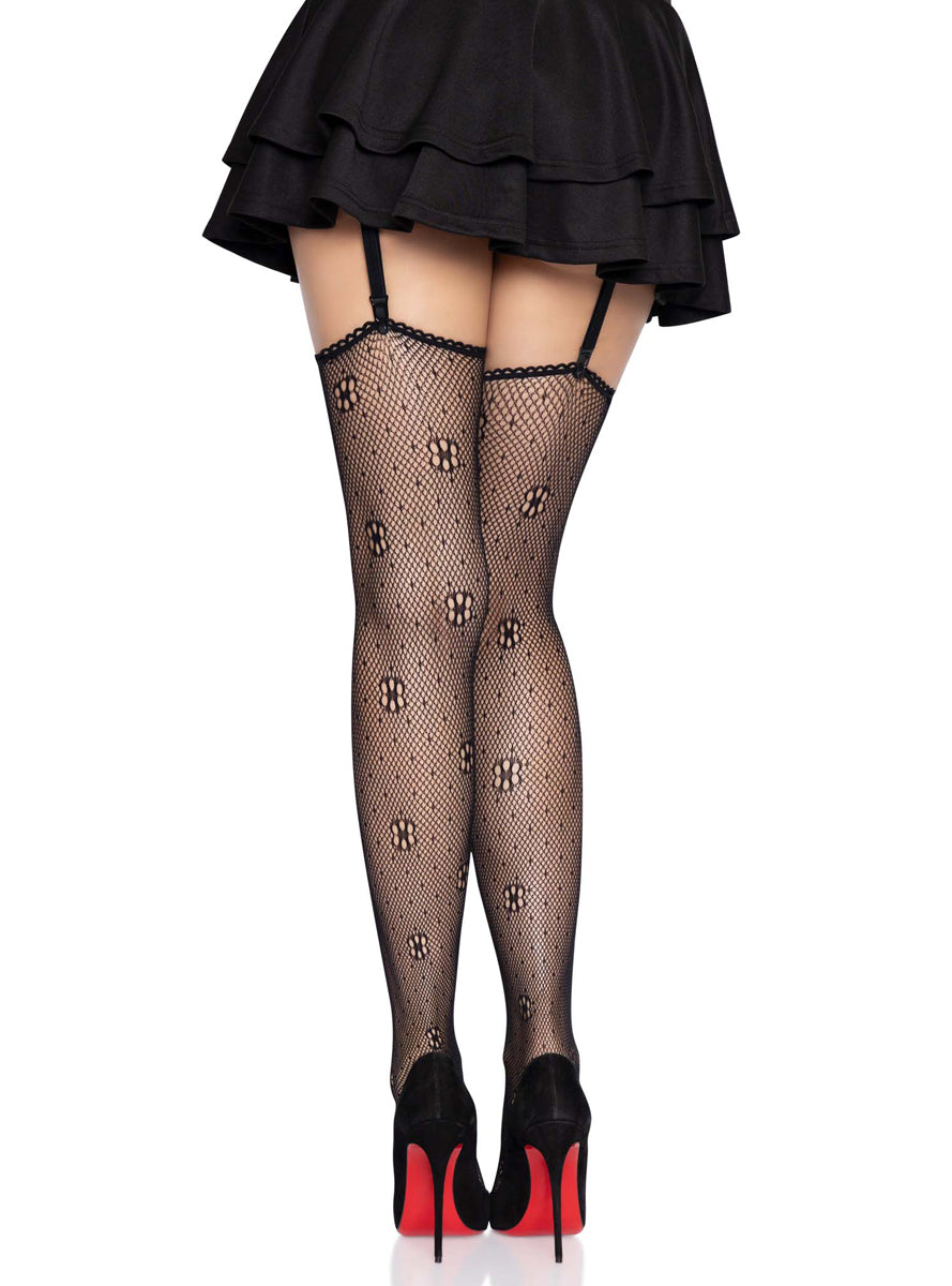 Womens Black Daisy Dot Fishnet Thigh High Stockings With Scalloped Top Back Image