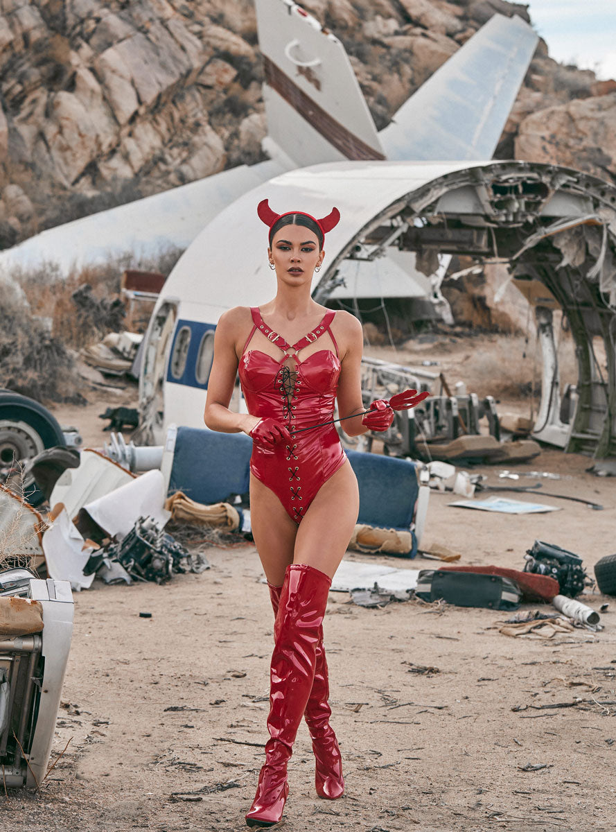 Devilicious Womens Sexy Red Vinyl Halloween Bodysuit Costume - Lifestyle Image 2