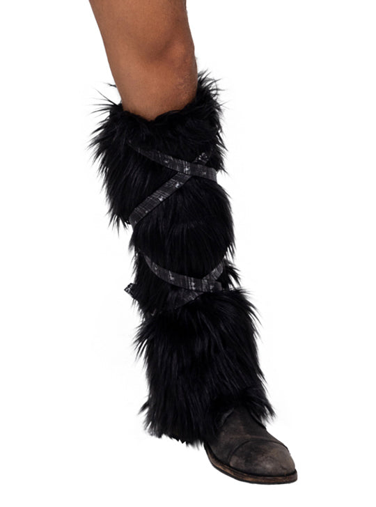 Faux Fur Black Leg Warmers with Black Straps - Alternate Image