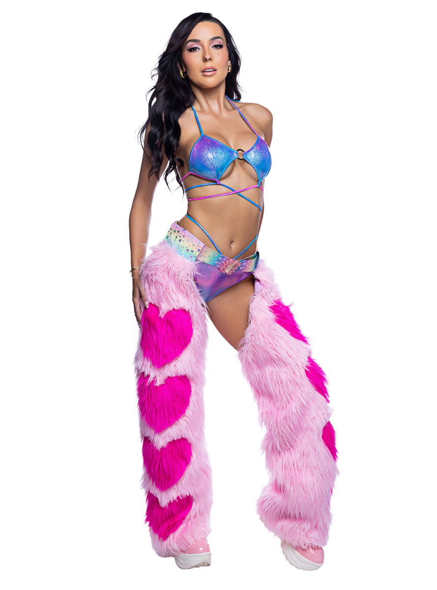 Fluffy Baby Pink Faux Fur Chaps with Hot Pink Hearts