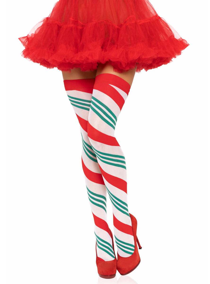 Womens Red White And Green Holiday Ribbon Striped Thigh High Stockings Alternative Image