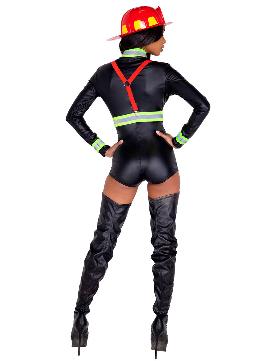 Hot Fire Woman Sexy Womens Black Firefighter Bodysuit Costume - Back Image