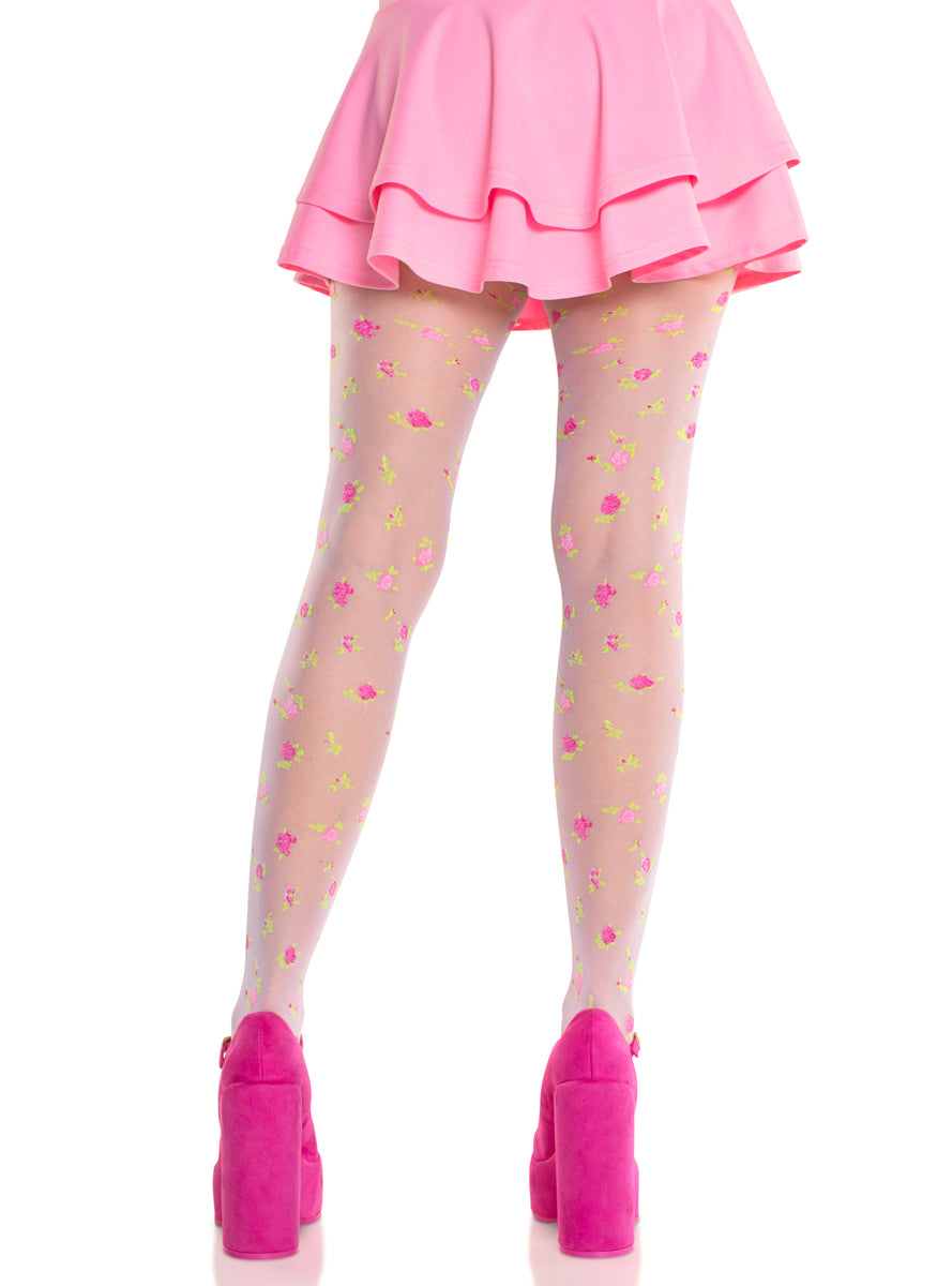 Womens Jacquard Rosette Sheer Spandex Full Length Tights Back Image