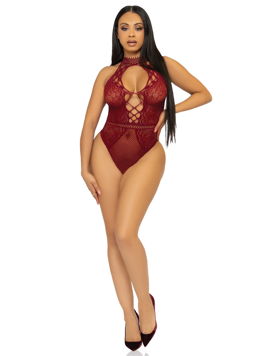 Keyhole Neck Sexy Burgundy Net and Lace Bodysuit