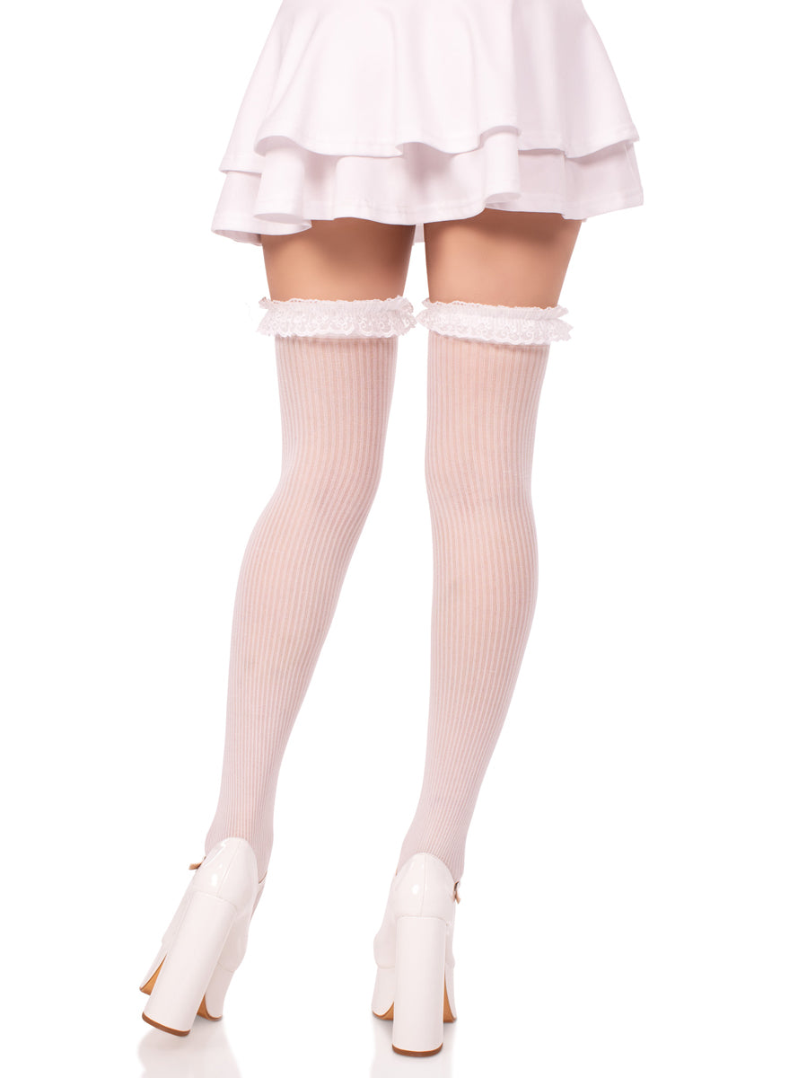 Womens Sheer White Thigh High Stockings With Lace Garter Top Back Image
