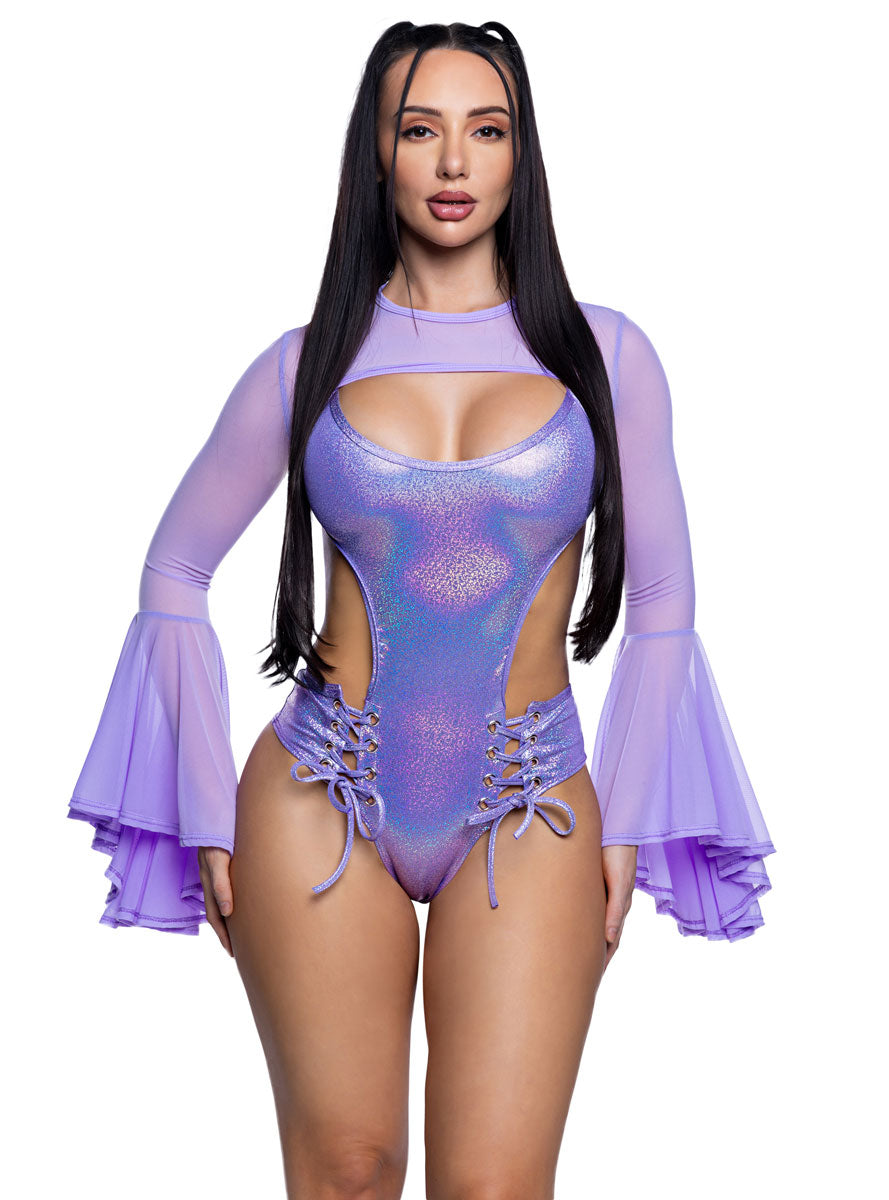 Holographic Lavender Lace Up Rave Bodysuit