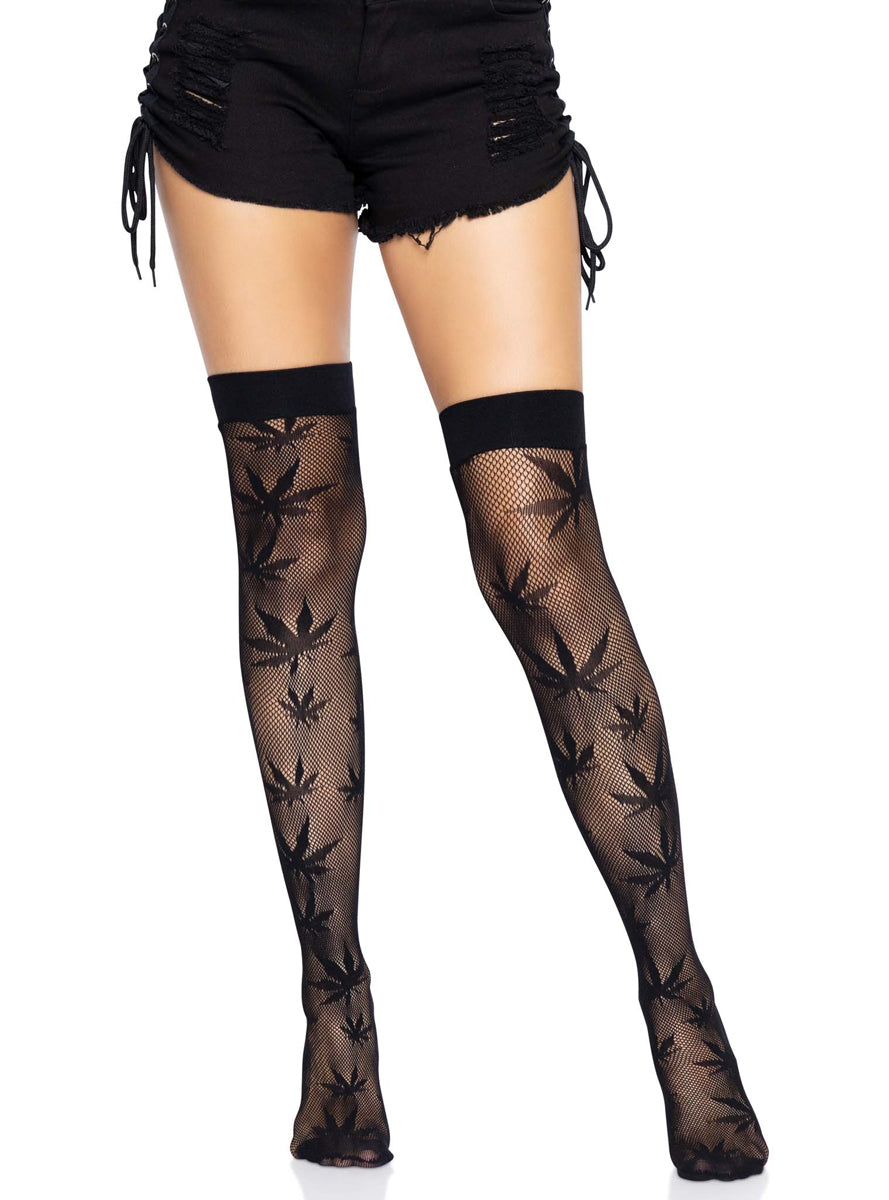 Womens Black 420 Leaf Pattern Net Thigh High Stockings Alternative Image