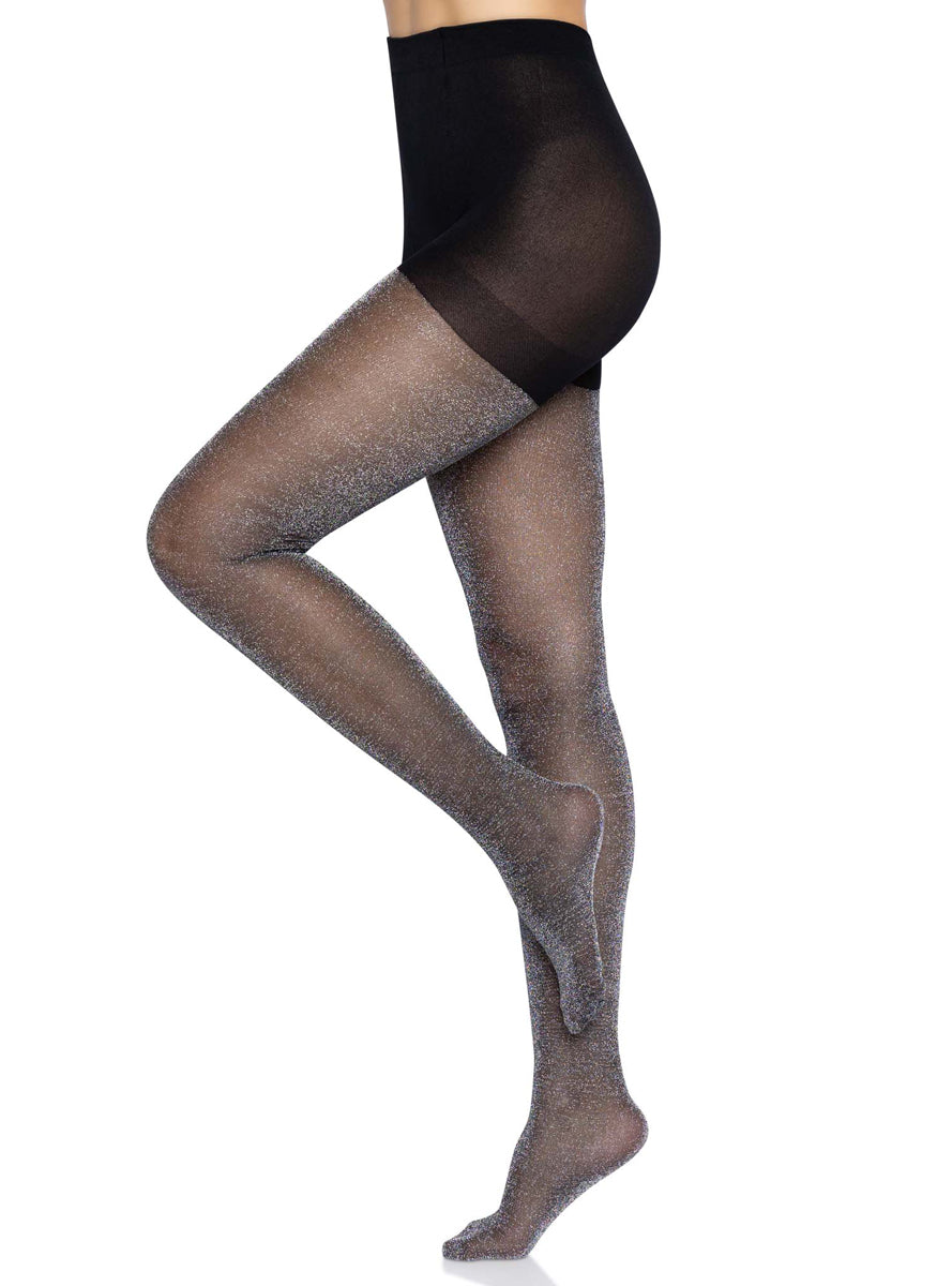 Womens Black And Silver Metallic Shimmer Costume Tights Side Image