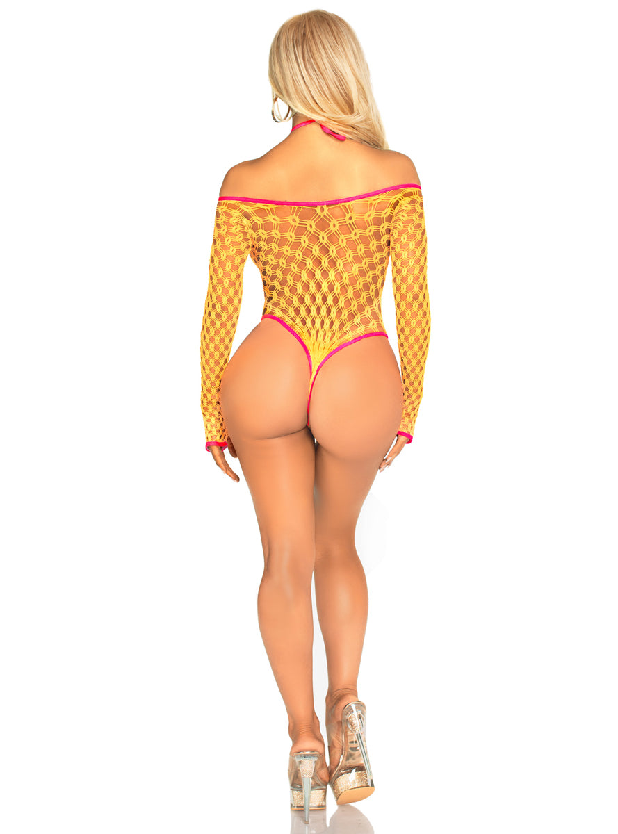 Neon Orange Eyelet Net Tie Front Bodysuit