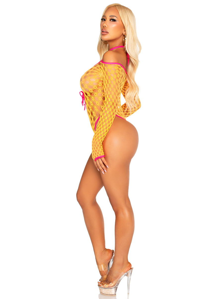 Neon Orange Eyelet Net Tie Front Bodysuit