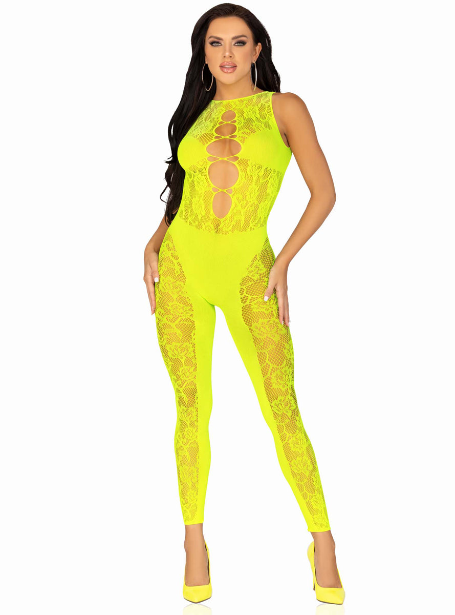 Neon Yellow Sexy Net and Lace Full Bodysuit