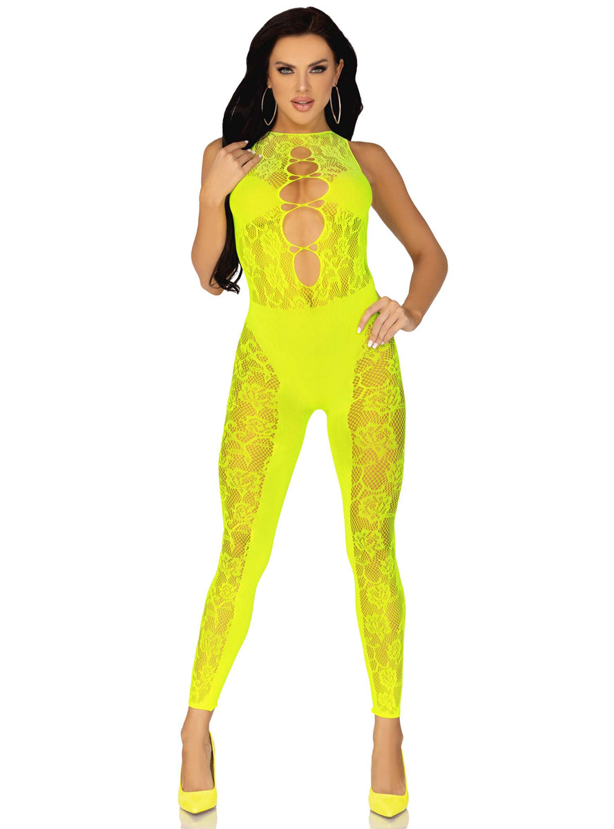 Neon Yellow Sexy Net and Lace Full Bodysuit