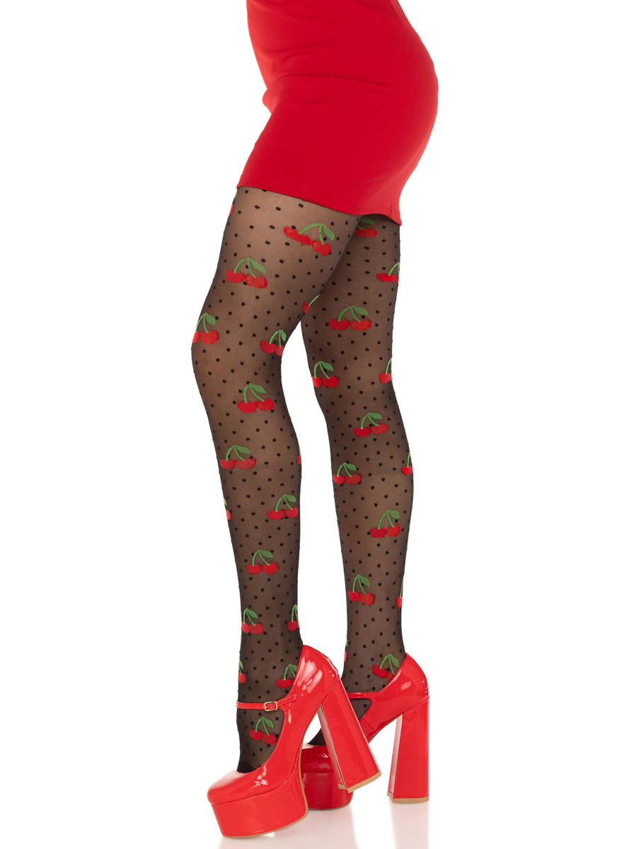 Womens Sheer Black Spandex Polka Dot Cherry Tights Side Image