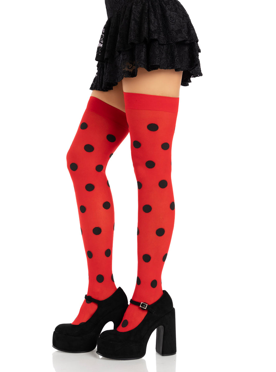 Womens Black And Red Opaque Polka Dot Thigh High Stockings Side Image