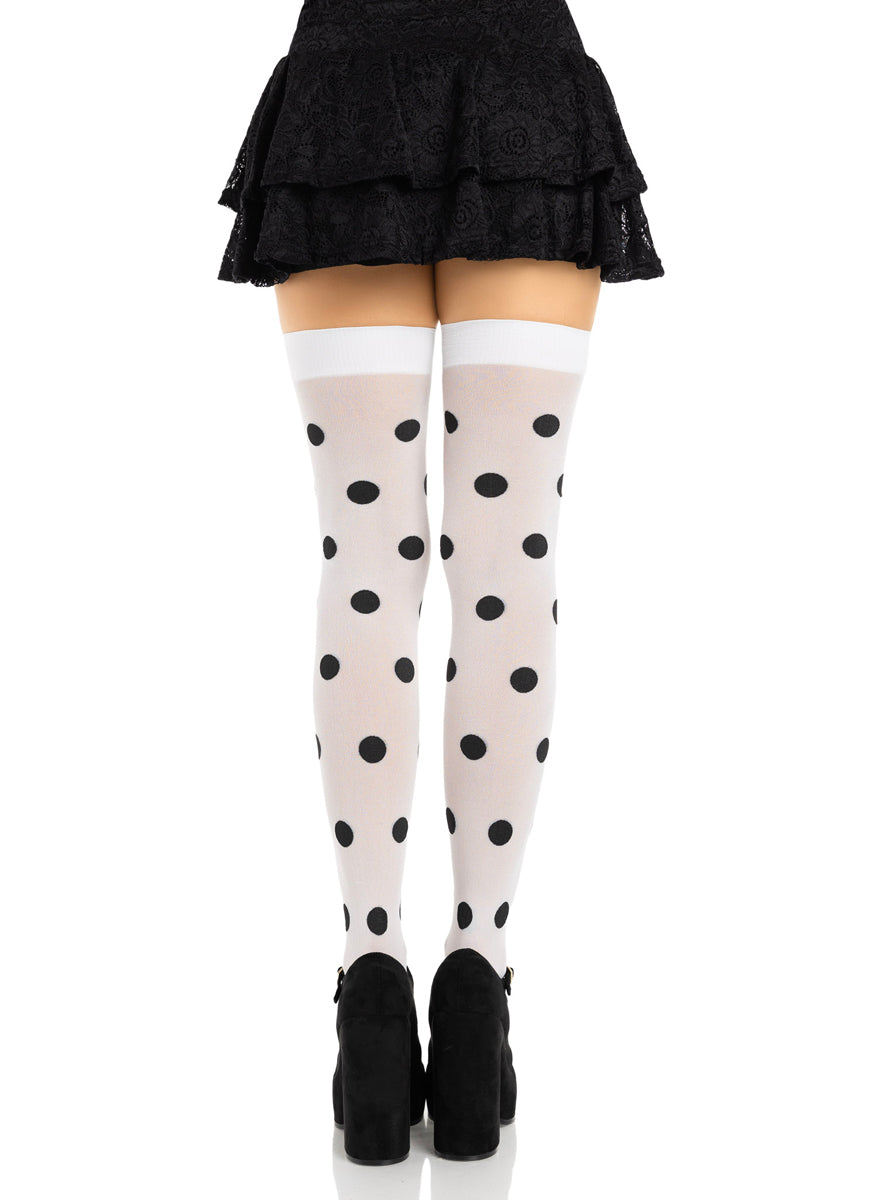 Womens Black And White Opaque Polka Dot Thigh High Stockings Back Image