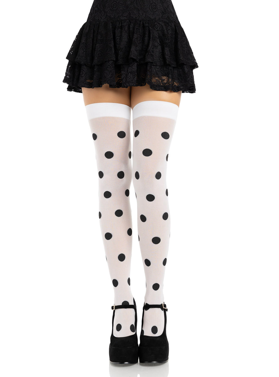 Womens Black And White Opaque Polka Dot Thigh High Stockings Main Image