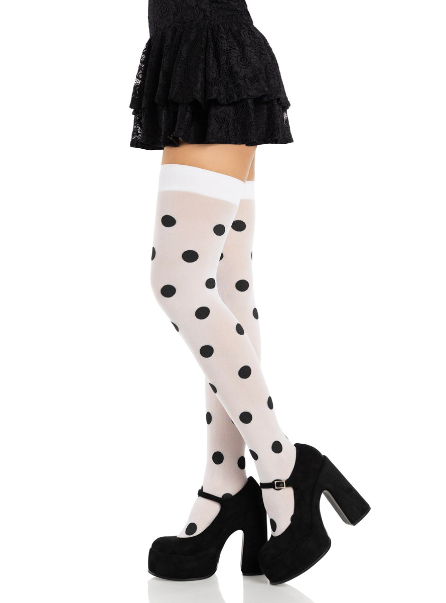 Womens Black And White Opaque Polka Dot Thigh High Stockings Side Image