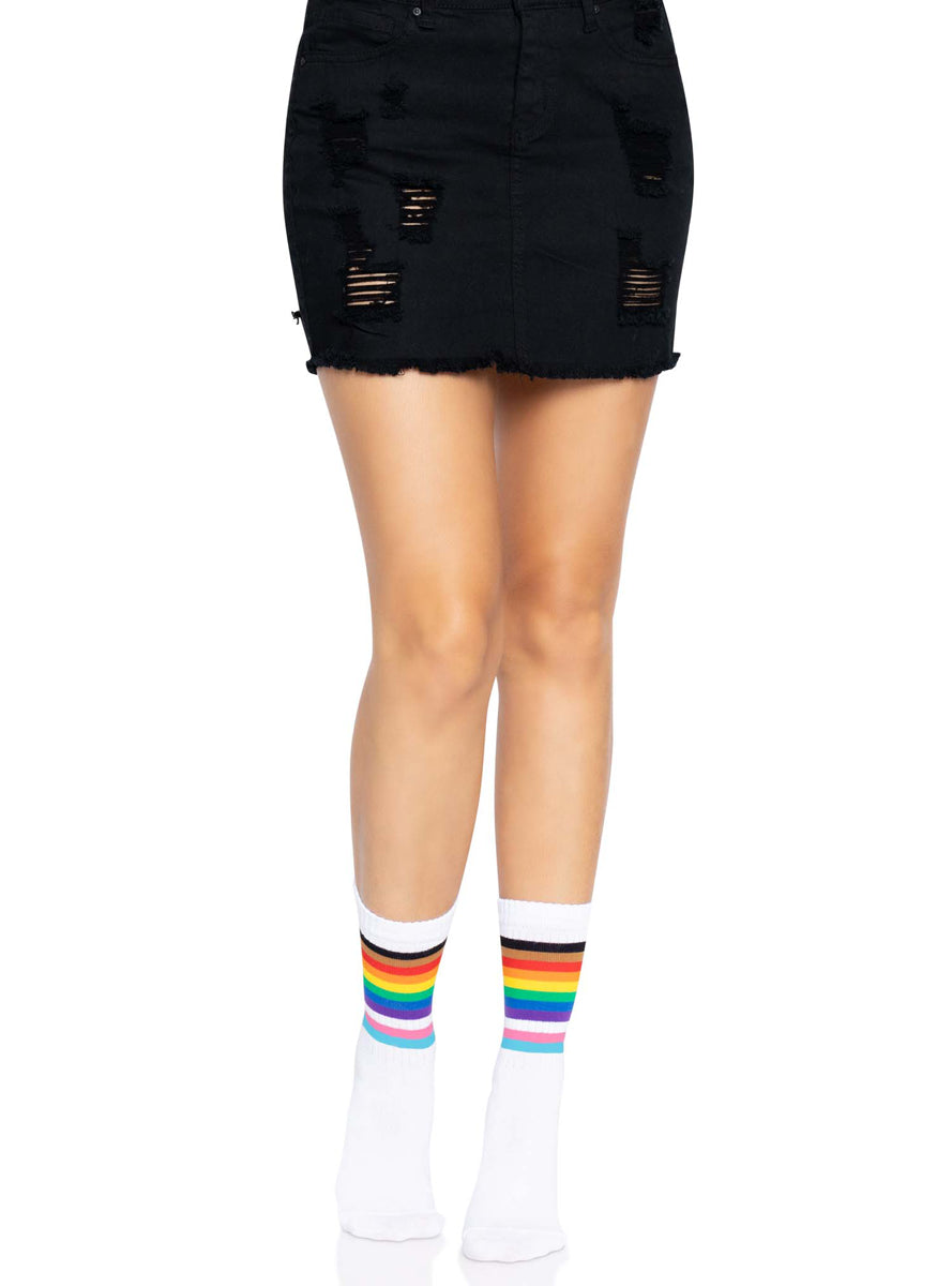 Womens White Rainbow Striped Pride Crew Socks Main Image