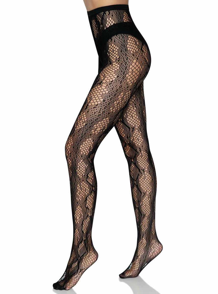 Womens Black Python Net Full Length Costume Stockings Side Image