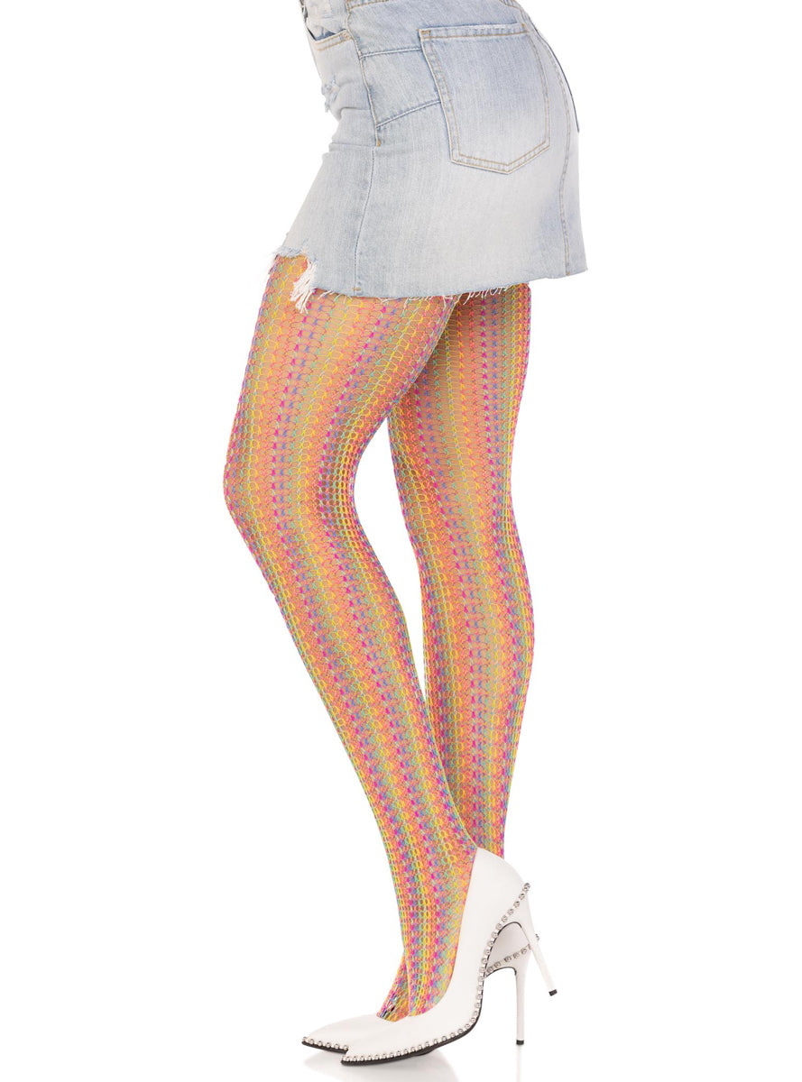 Womens Rainbow Crochet Net Full Length Costume Stockings Side Image