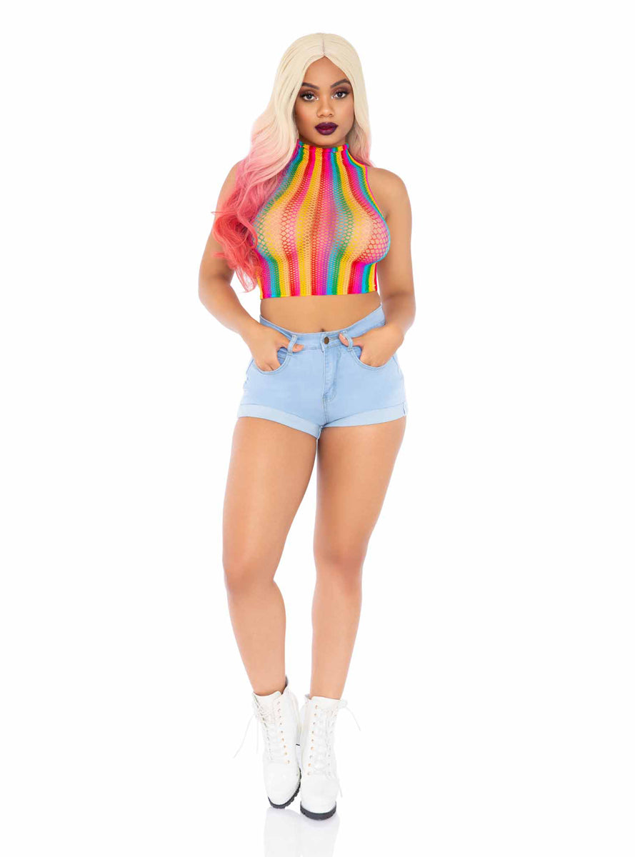 Rainbow Net High Neck Festival Crop Top