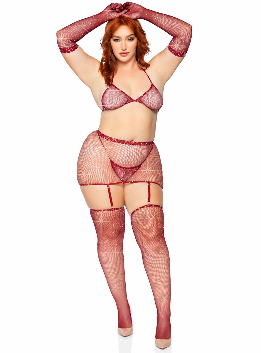 Rhinestone Burgundy Fishnet Plus Size Bra and Skirt Set