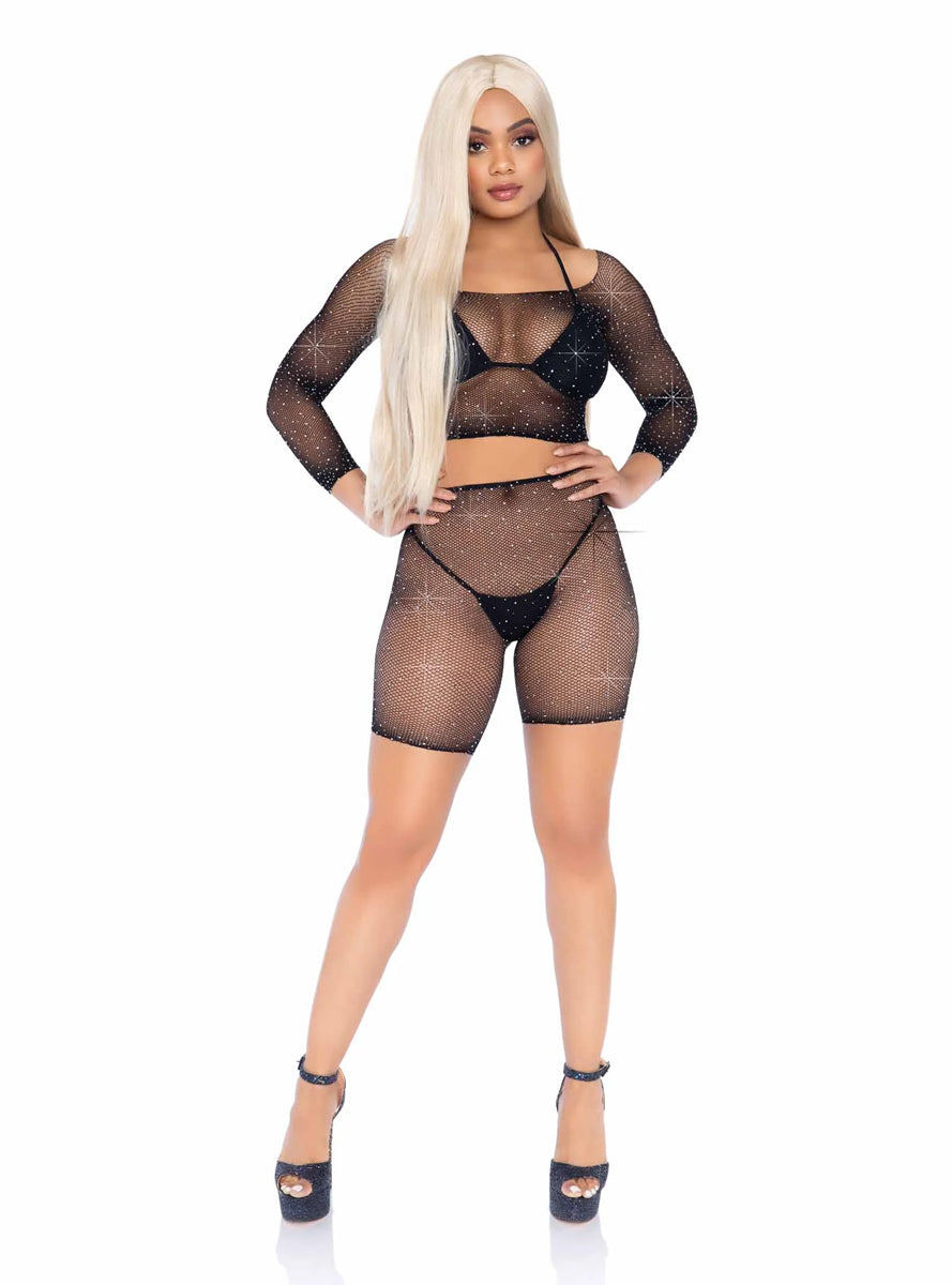 Rhinestone Black Fishnet Crop and Bike Shorts Set