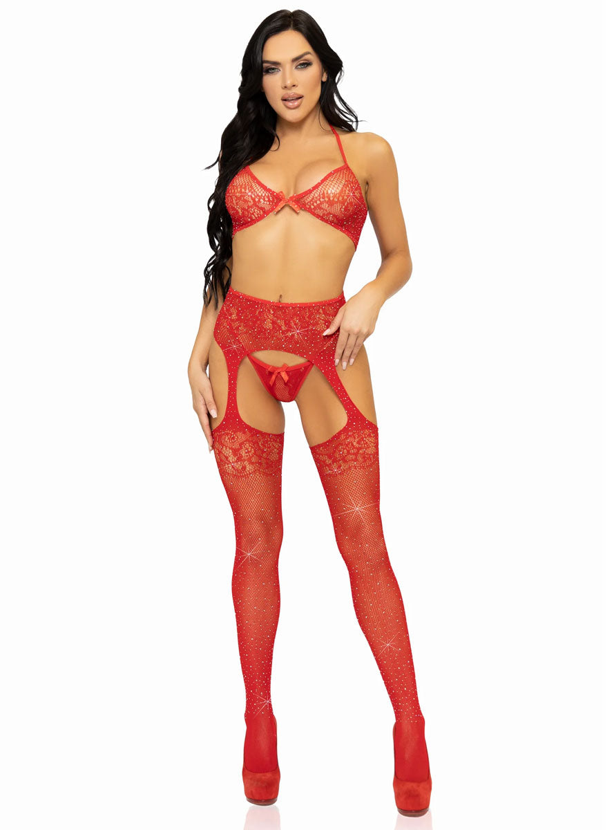 Rhinestone Red Lace Bra and Stockings Set