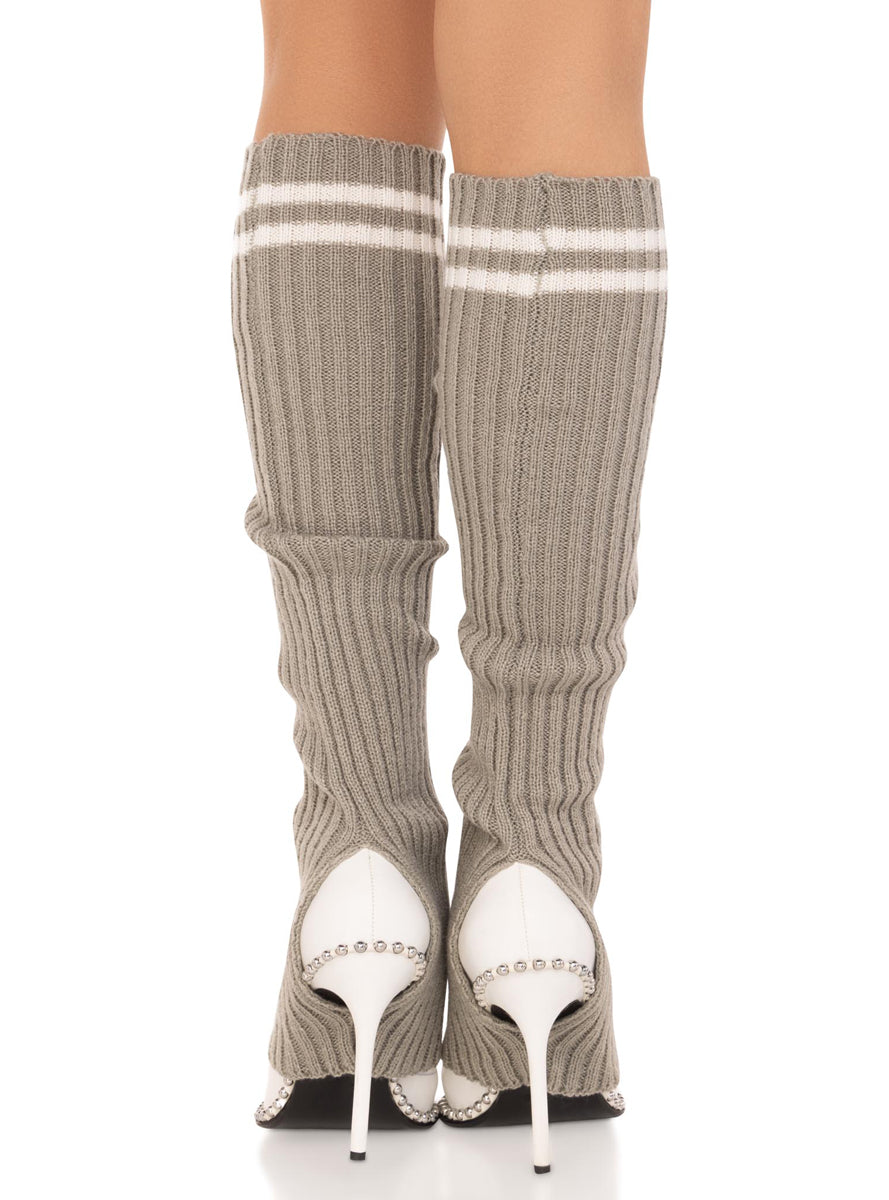 Womens Grey Ribbed Stirrup Leg Warmers With Athletic Stripe Back Image