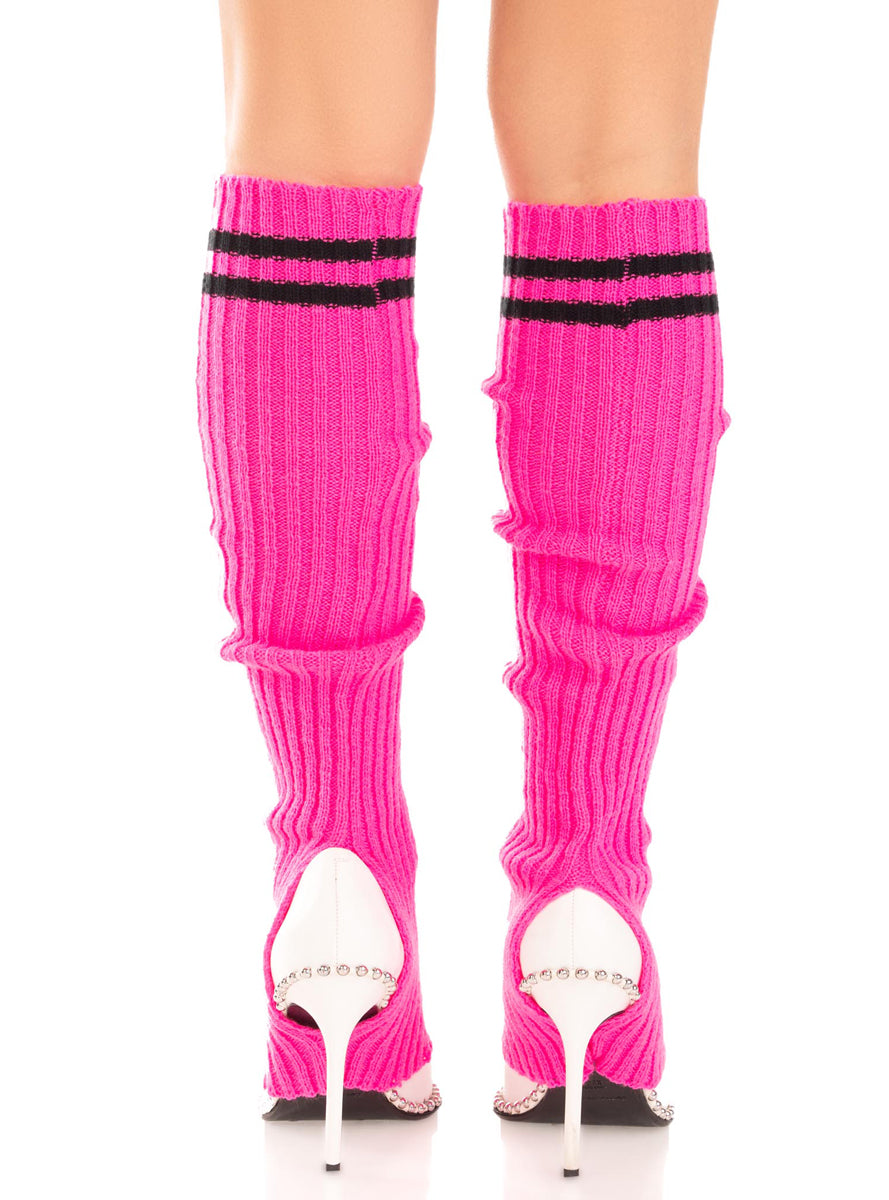 Womens Pink Ribbed Stirrup Leg Warmers With Athletic Stripe Back Image