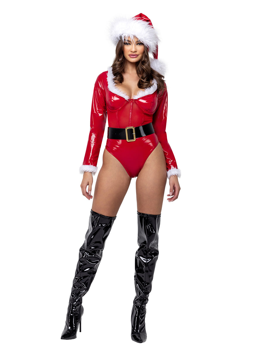 Santa Baby Sexy Womens Red Vinyl Bodysuit Christmas Costume - Main Image