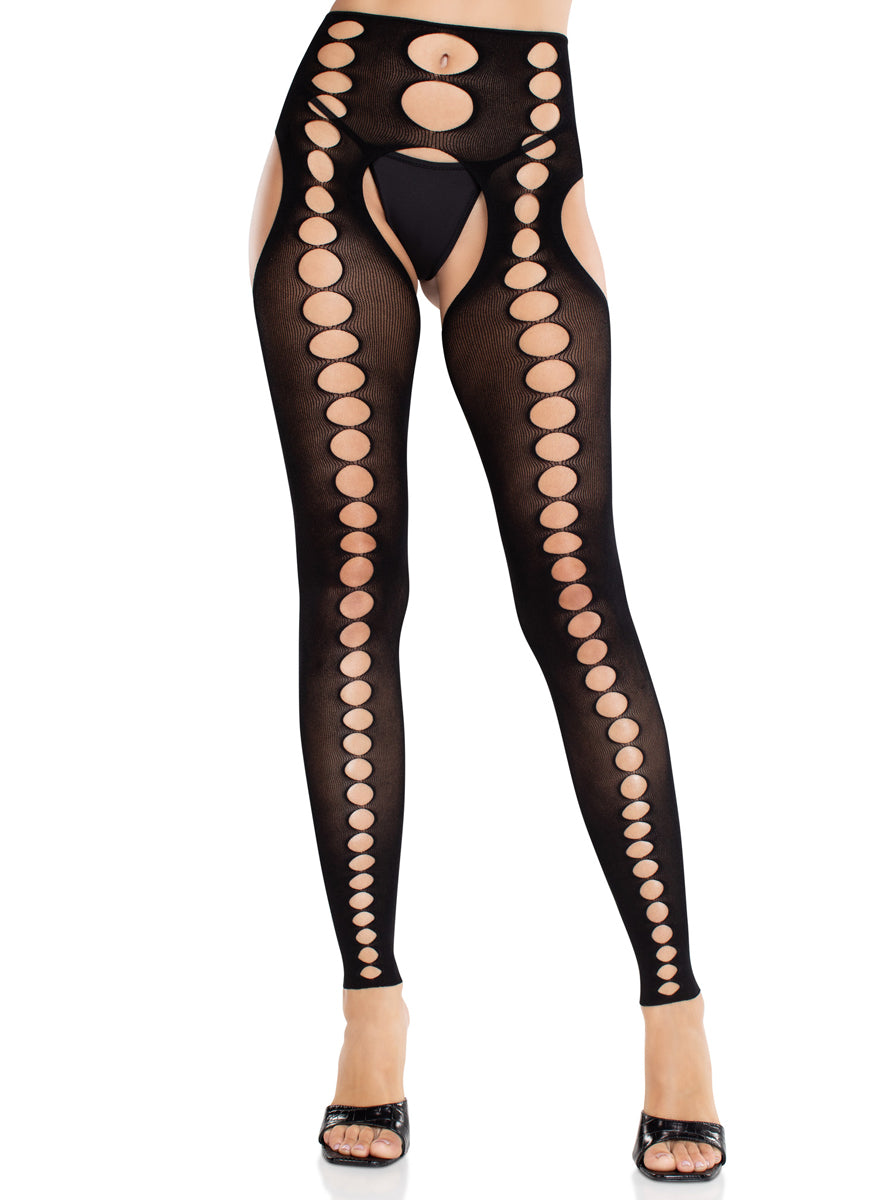Womens Black Opaque Footless Suspender Stockings Seamless Cut Out Main Image