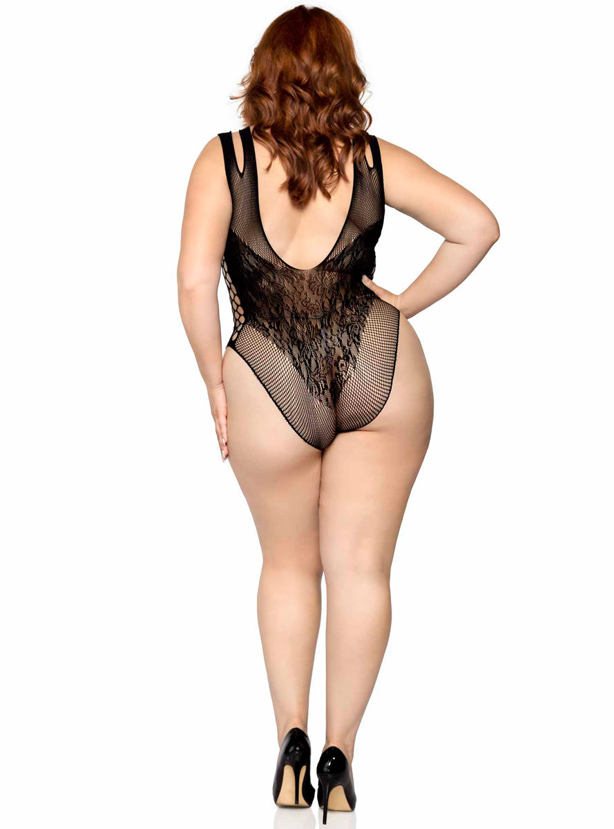Seamless Black Net and Lace Plus Size Bodysuit