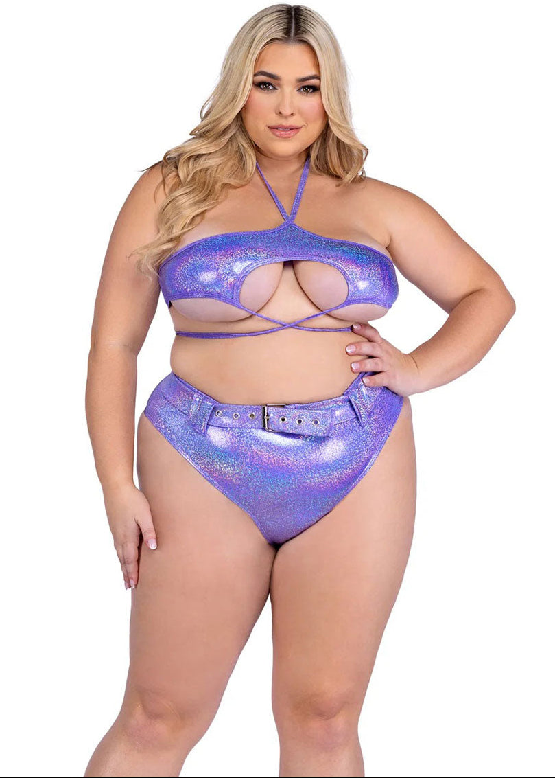 Shimmer Lavender Plus Size High Waist Belted Rave Shorts