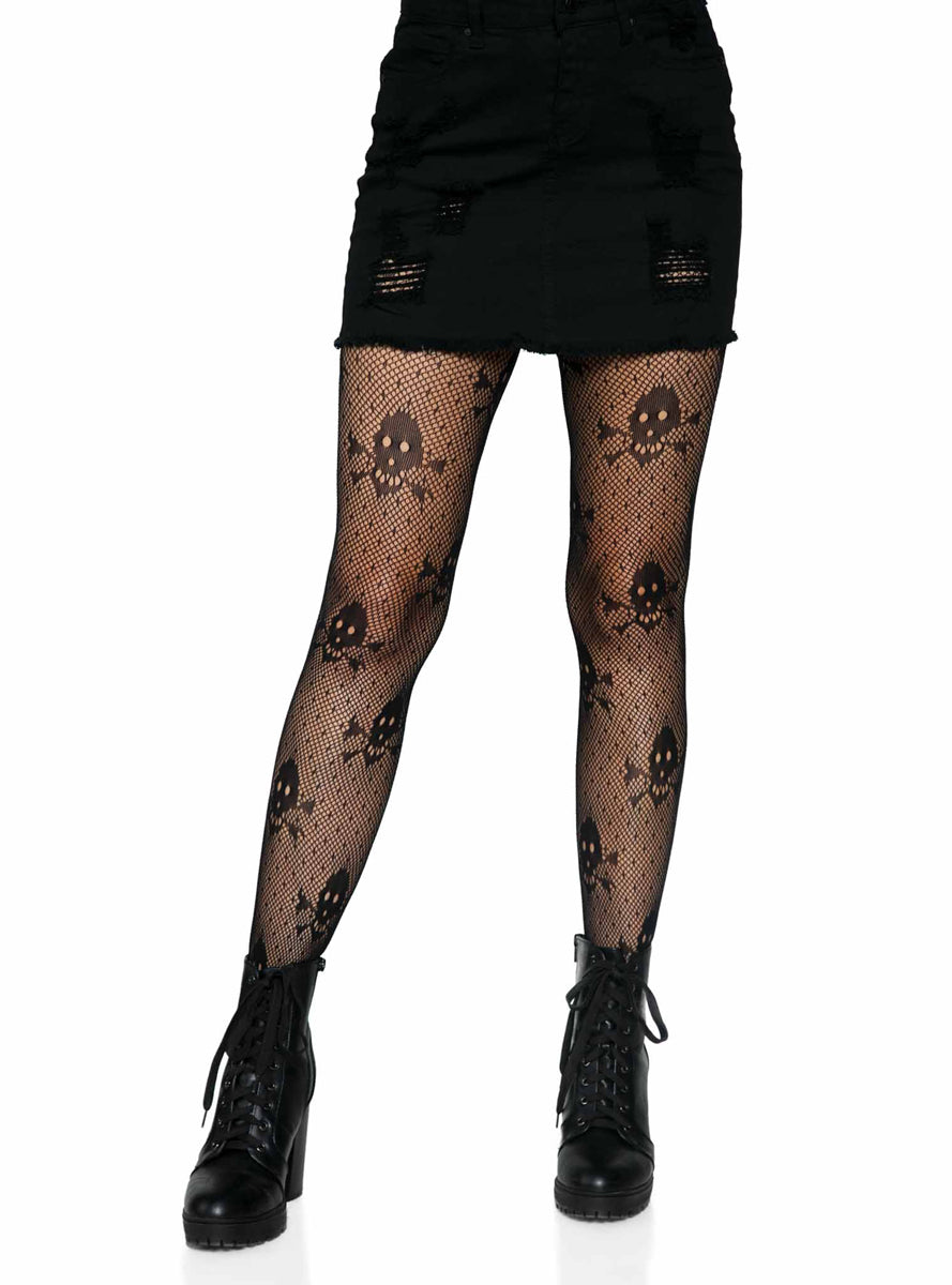Womens Black Skull Micro Net Full Length Costume Tights Main Image