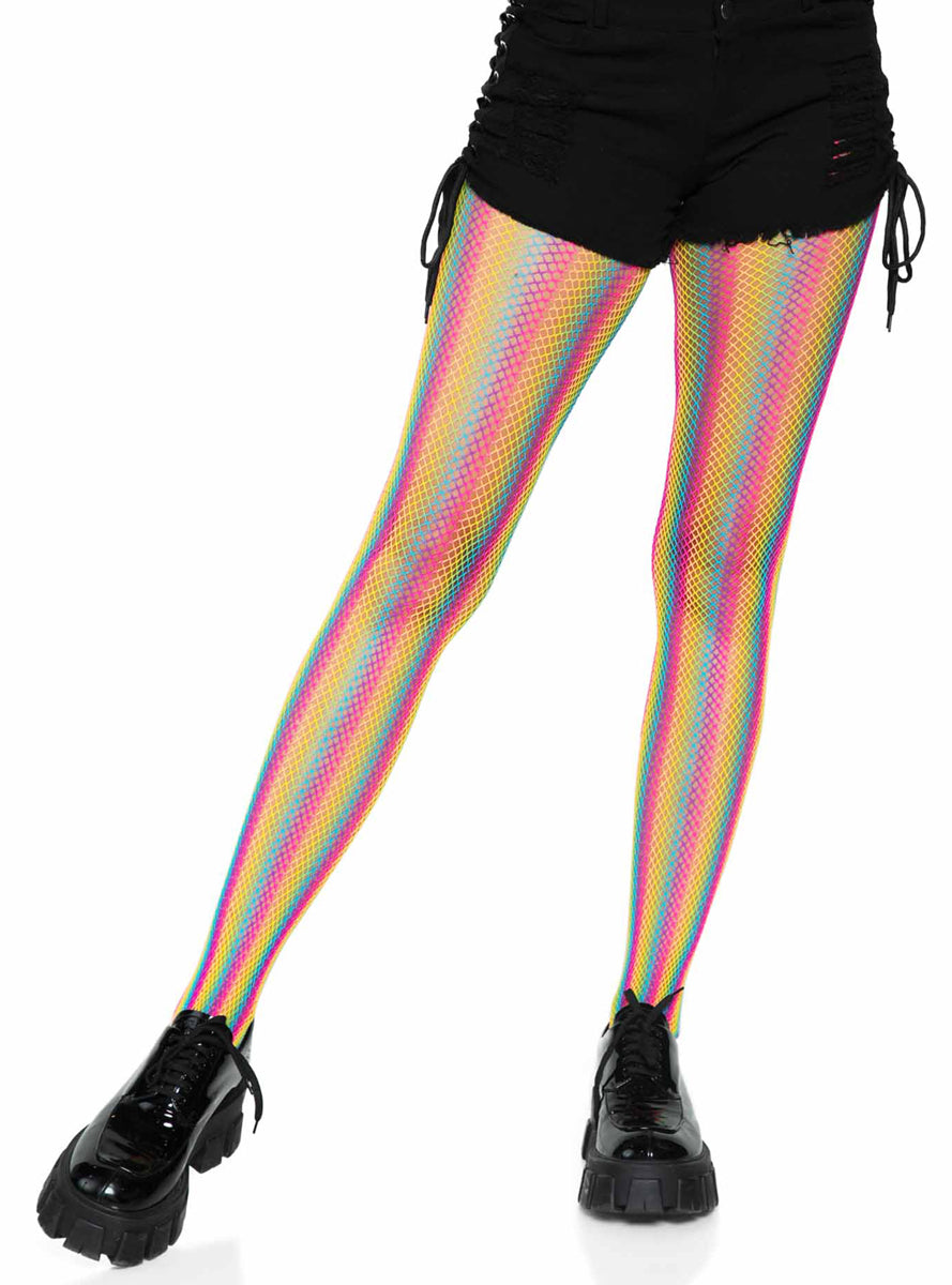 Womens Striped Neon Rainbow Fishnet Stockings Alternative Image