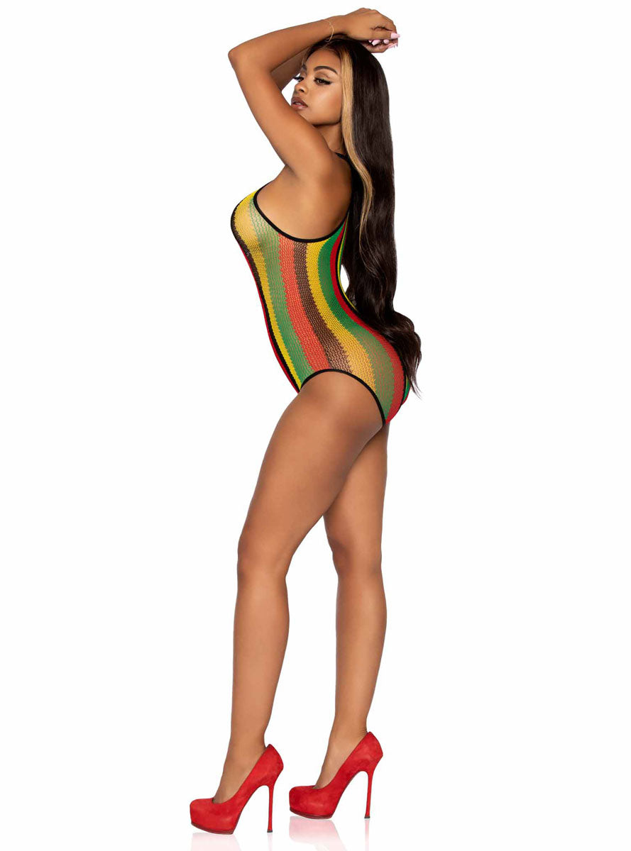 Striped Rasta Net Racer Neck Bodysuit