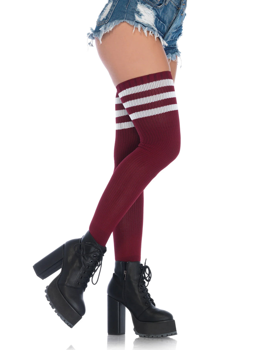 Womens Burgundy Striped Top Athletic Ribbed Thigh Highs