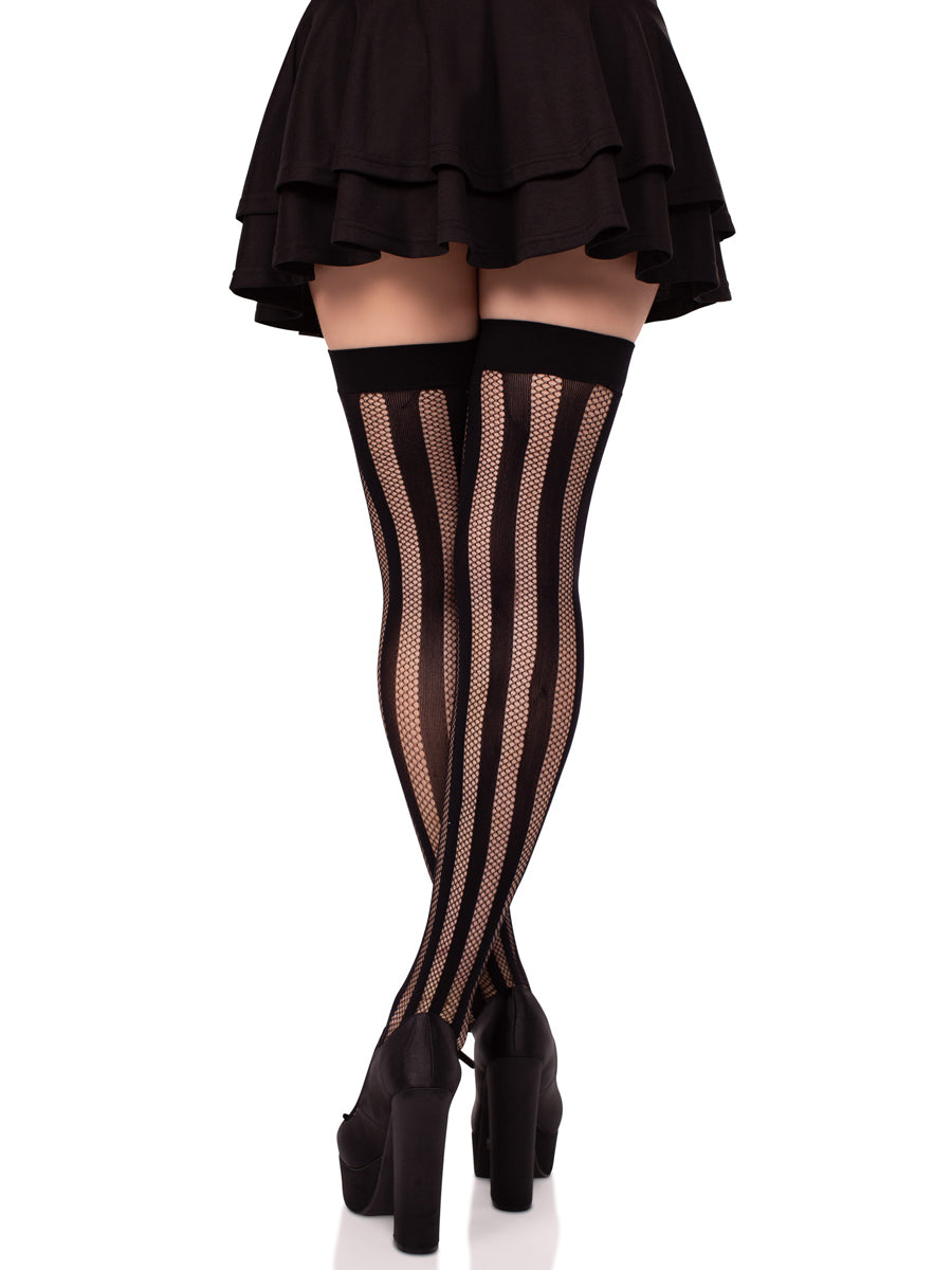 Womens Vertical Net And Opaque Striped Thigh High Stockings Back Image