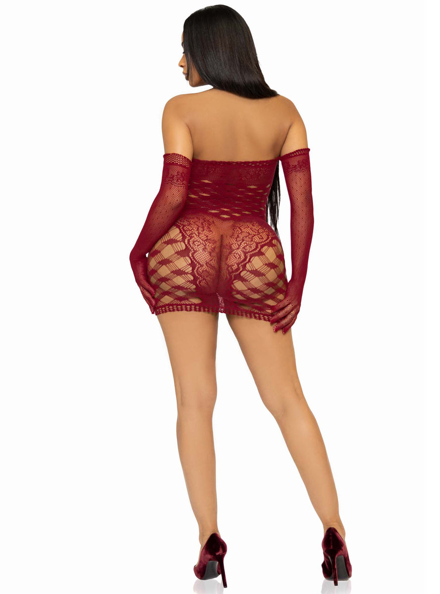 Wide Net Sexy Burgundy Tube Dress and Gloves Set