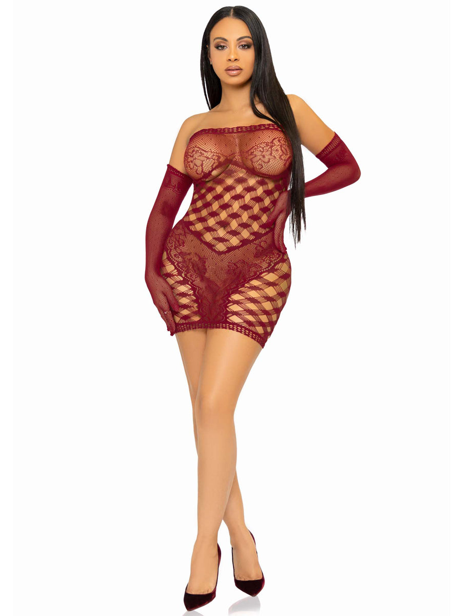 Wide Net Sexy Burgundy Tube Dress and Gloves Set