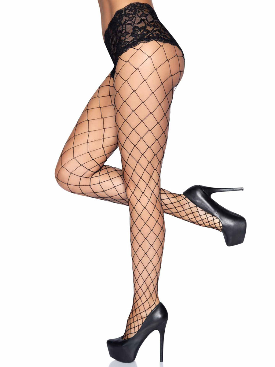 Womens Black Fence Net Full Length Tights With Attached Lace Booty Shorts Side Image