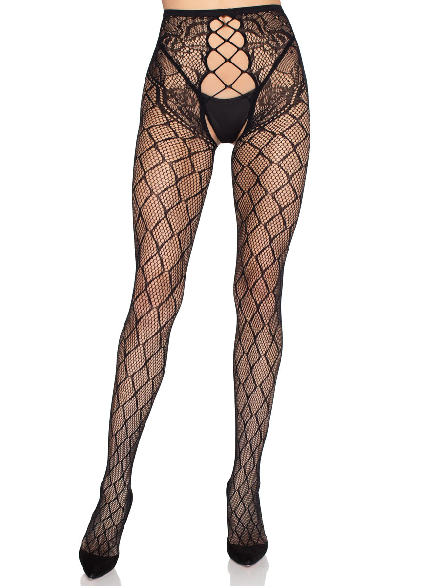 Womens Black Layer Net Tights With Open Front Main Image