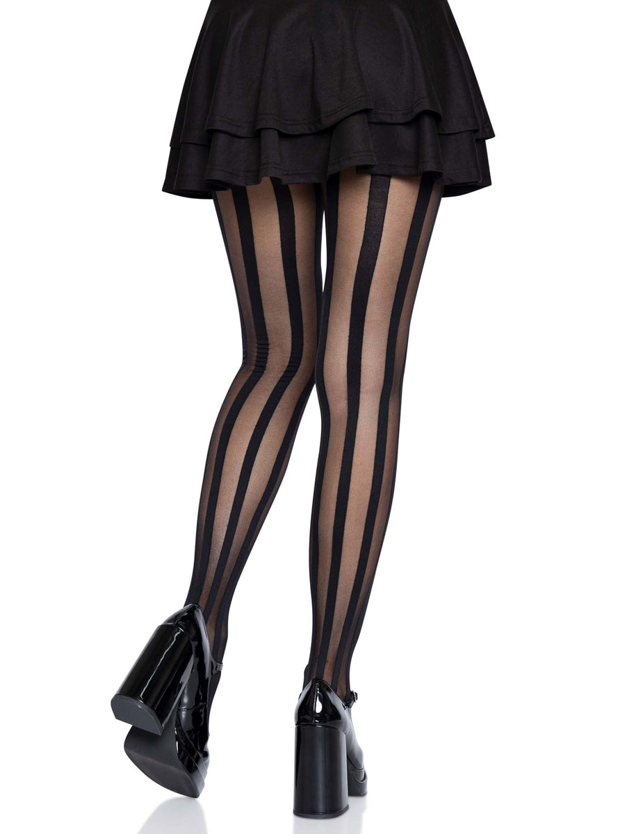 Womens Black Sheer Stockings With Opaque Vertical Stripes Back Image